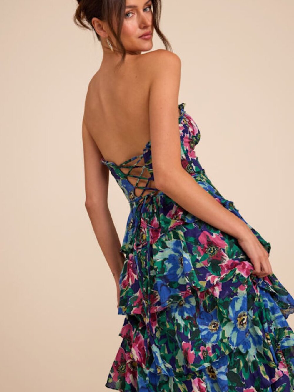 Lulus Nayha Blue Multi Floral Strapless Tiered Midi Dress - Size XL